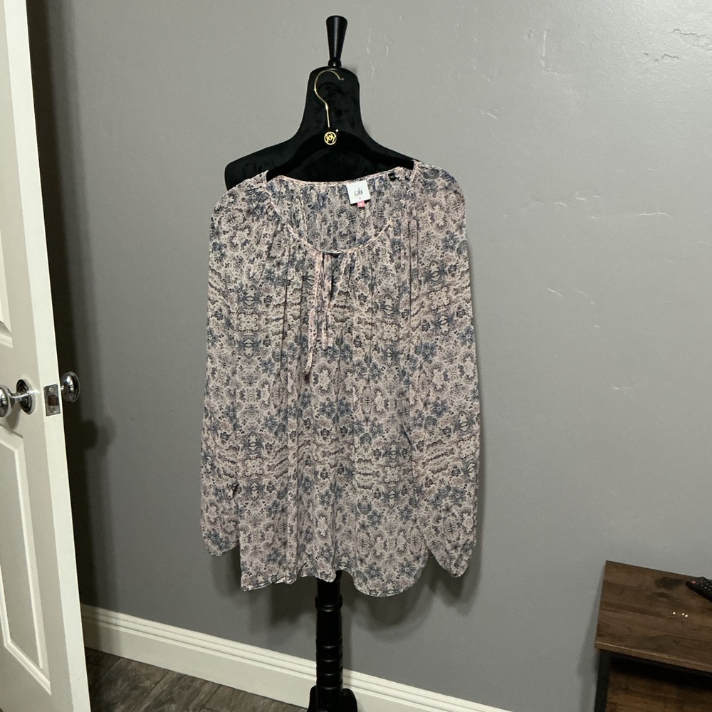 CAbi Floral Peasant Blouse in Blush, Blue and Green